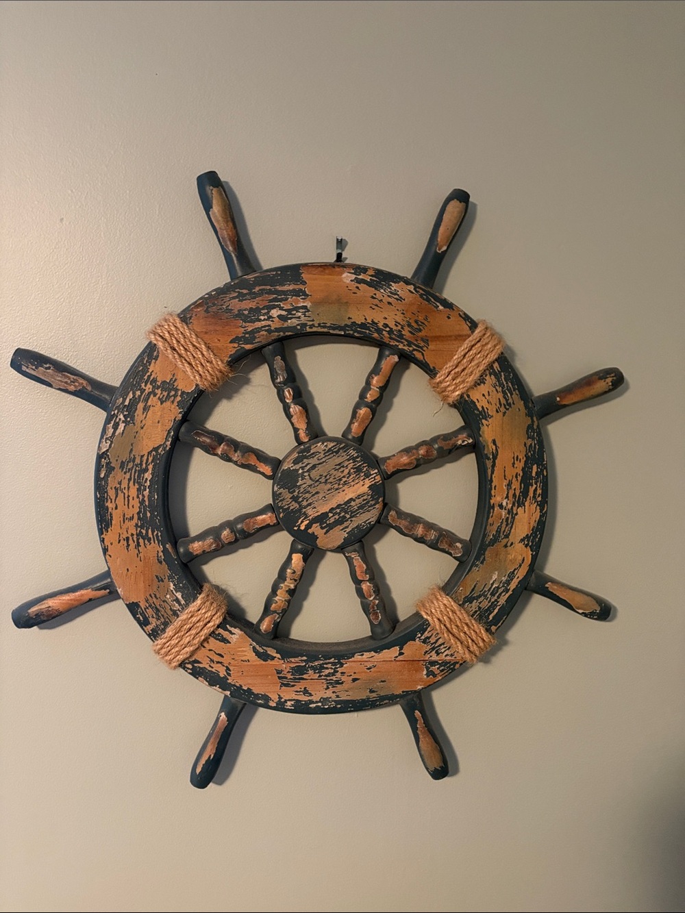 Nautical Ship Wheel Wall Decor in Distressed Brown and Blue
